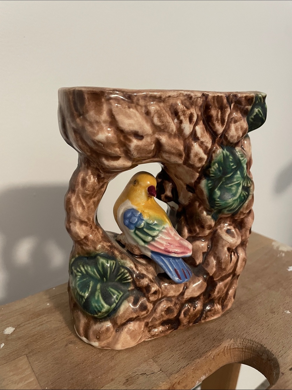 Ceramic Bird on Tree Stump vase